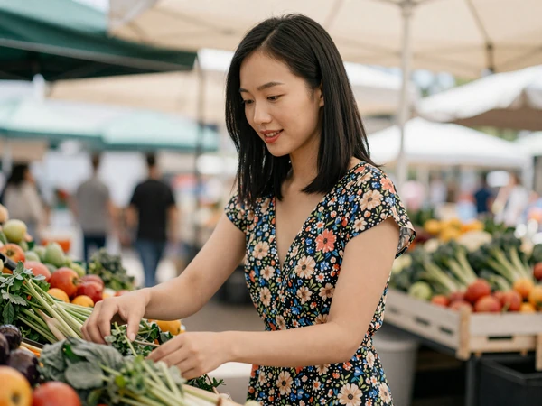 Asian female LPN browsing fresh produce at a farmers market on her day off