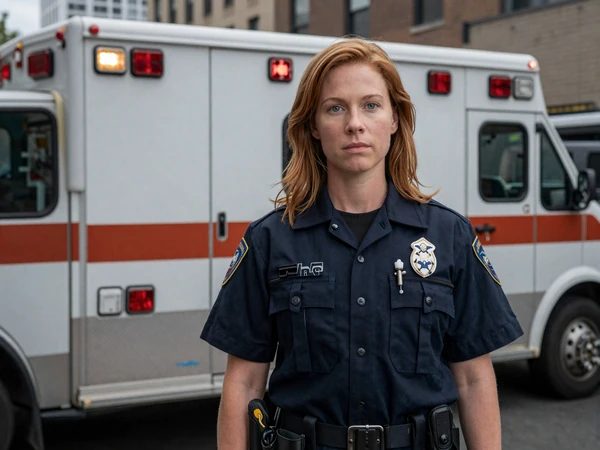 Female paramedic in uniform standing near an ambulance in an urban setting