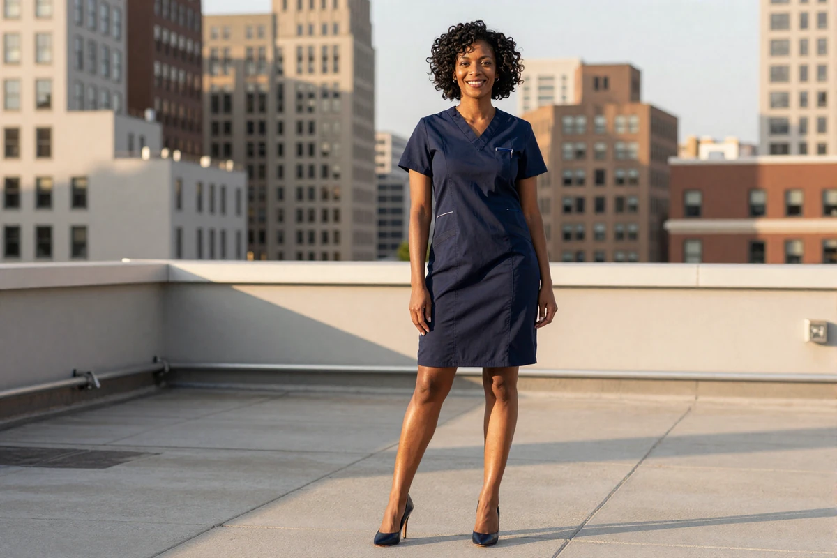 Female orthopedic surgeon in a modern dress standing confidently on a city rooftop at golden hour