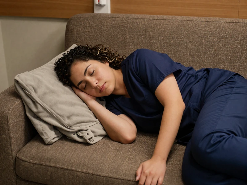 Female nurse resting on a break room sofa after a night shift