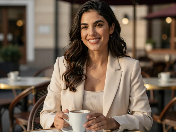 Female healthcare professional enjoying coffee at an upscale outdoor cafe
