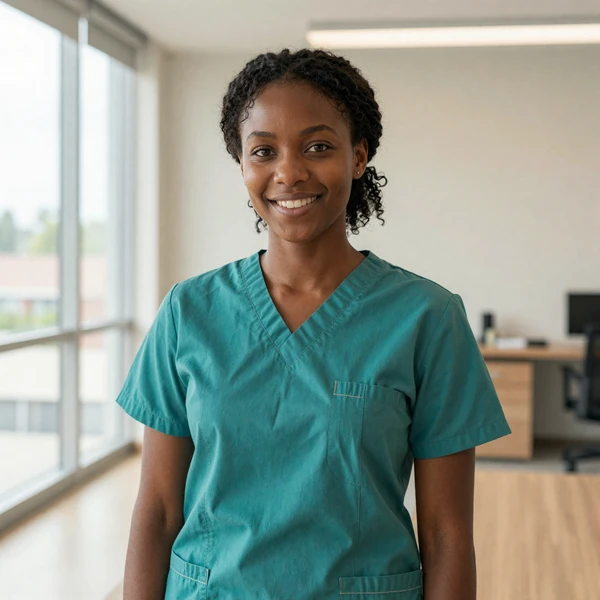 Black female nurse anesthetist smiling confidently in a bright modern office