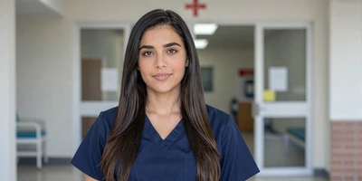 Female ER doctor standing near an emergency department entrance