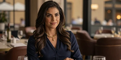Female anesthesiologist in an elegant blouse at an upscale restaurant