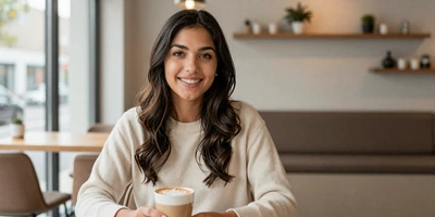 Latina female nurse enjoying coffee at a modern coffee shop