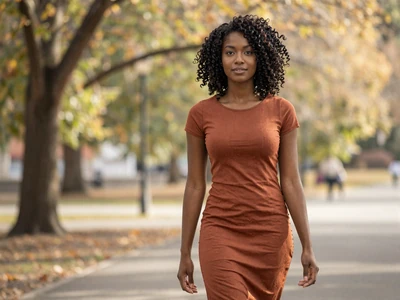 Female doctor taking a peaceful walk through a sunlit park