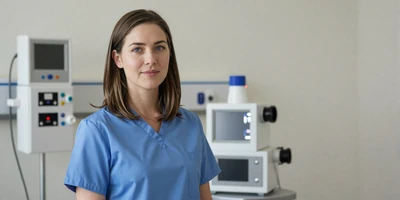 Female respiratory therapist near medical equipment in a hospital room