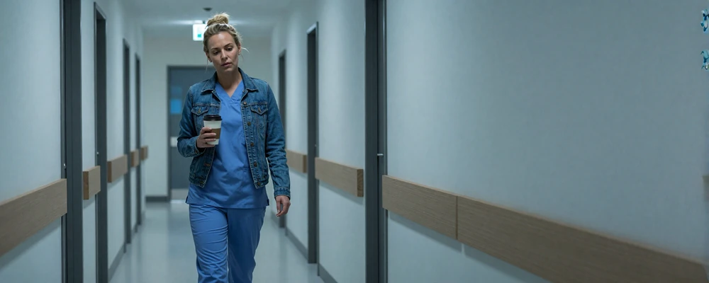 Female nurse-midwife walking through a hospital corridor at night with coffee