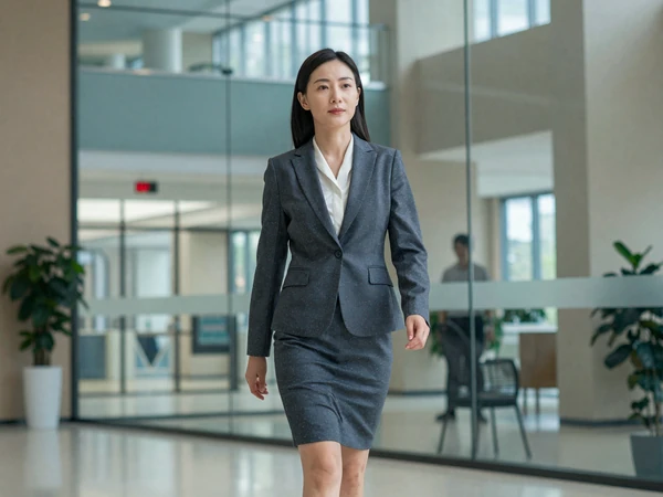 Female internist walking confidently through a modern hospital lobby