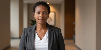 Female orthopedic surgeon in a blazer standing in a business hotel lobby