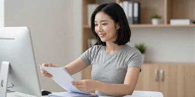 Female medical assistant organizing patient files at a clinic desk