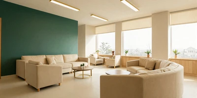 Modern private clinic waiting area with emerald and ivory design