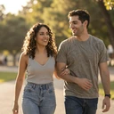 Couple walking arm-in-arm through a sunny park