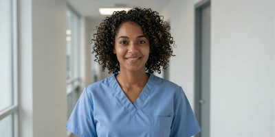 Female respiratory therapist in a modern clinic hallway