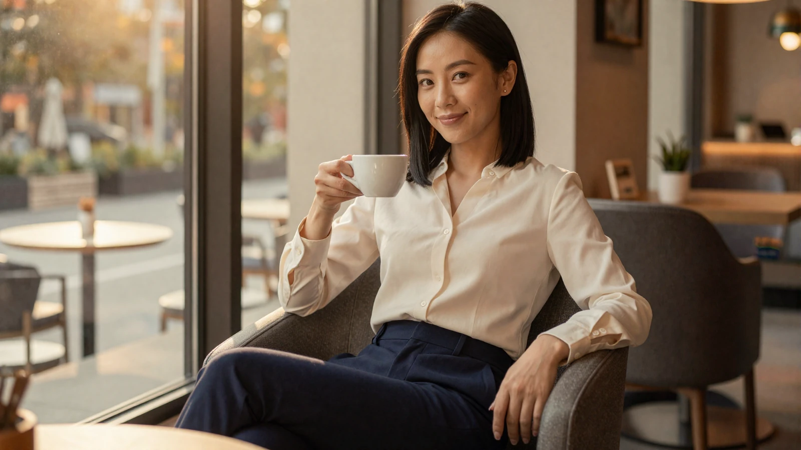 Female critical care nurse relaxing at an upscale cafe after her shift