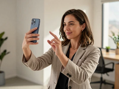 Woman using a smartphone for identity verification in a modern office