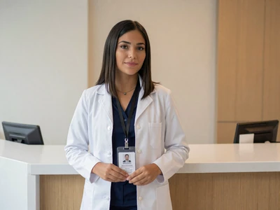 Female doctor holding her medical ID badge near a modern reception desk