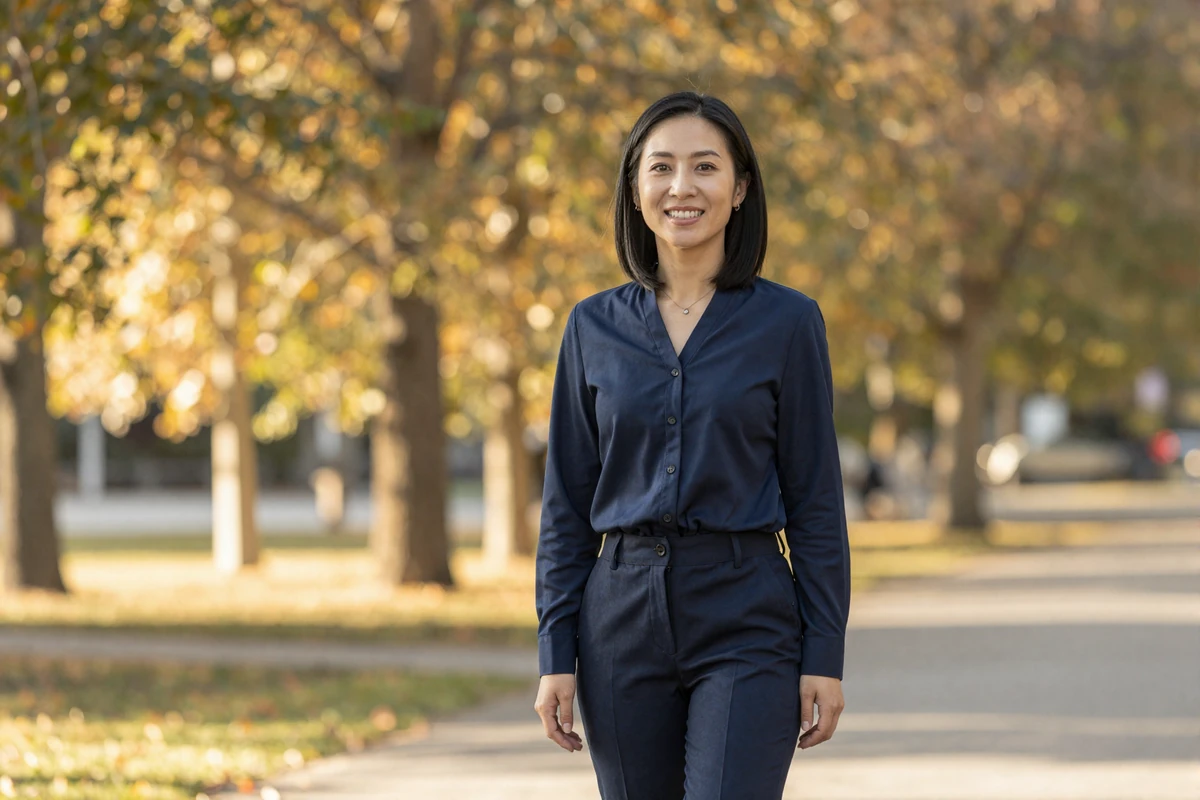 Female obstetrician in business casual attire smiling in a sunlit park with golden autumn trees