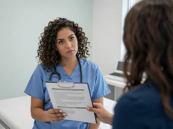 Female otolaryngologist reviewing a patient chart in a bright ENT clinic room