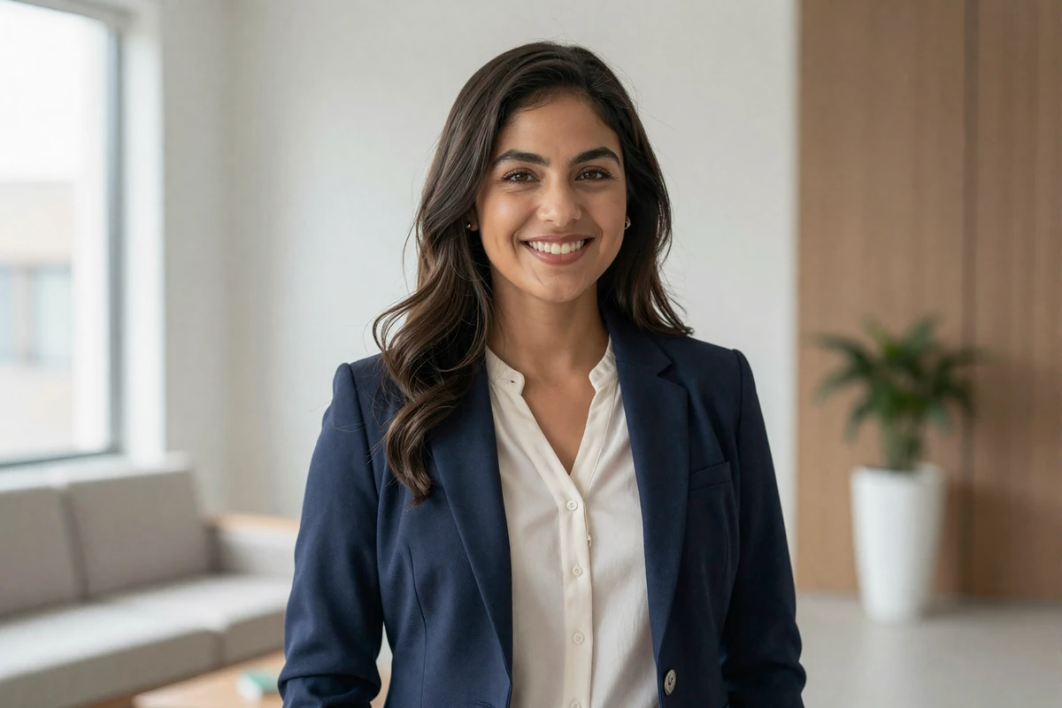 Female family doctor in a smart casual blazer smiling warmly in a bright modern clinic waiting room