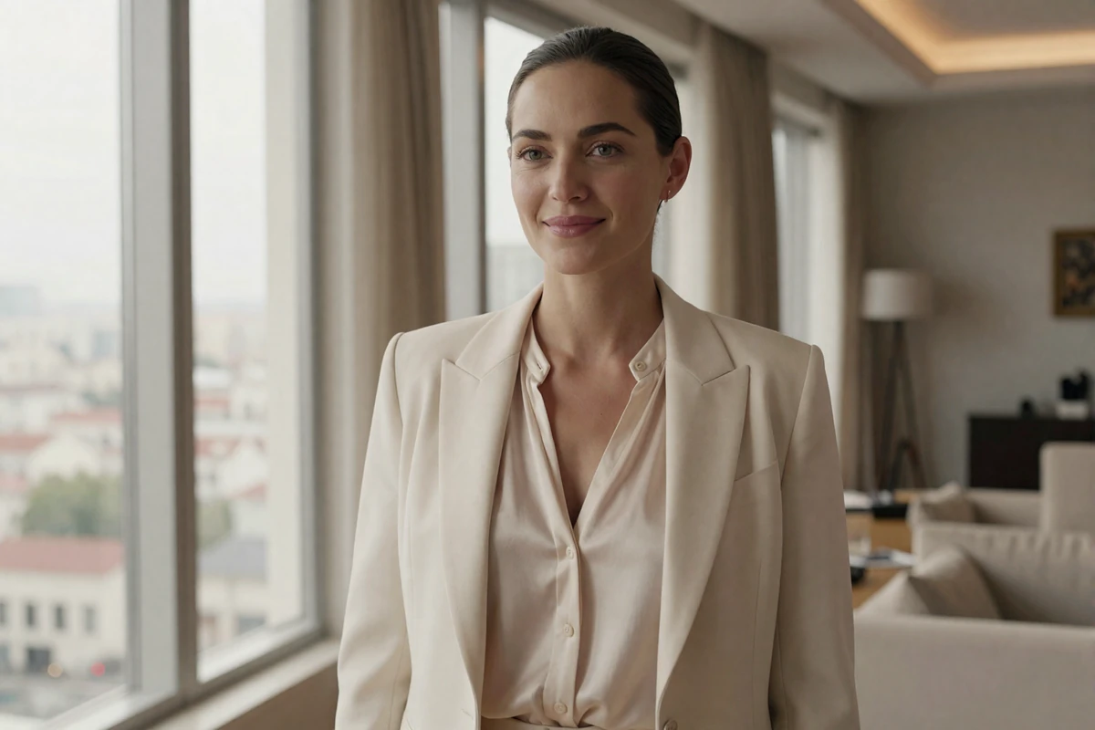 Confident female doctor in an ivory blazer standing in a luxury apartment with city views
