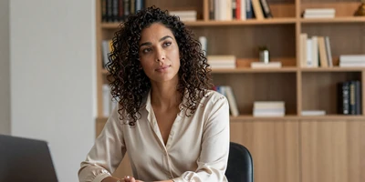 Female psychiatrist in a modern office with bookshelves