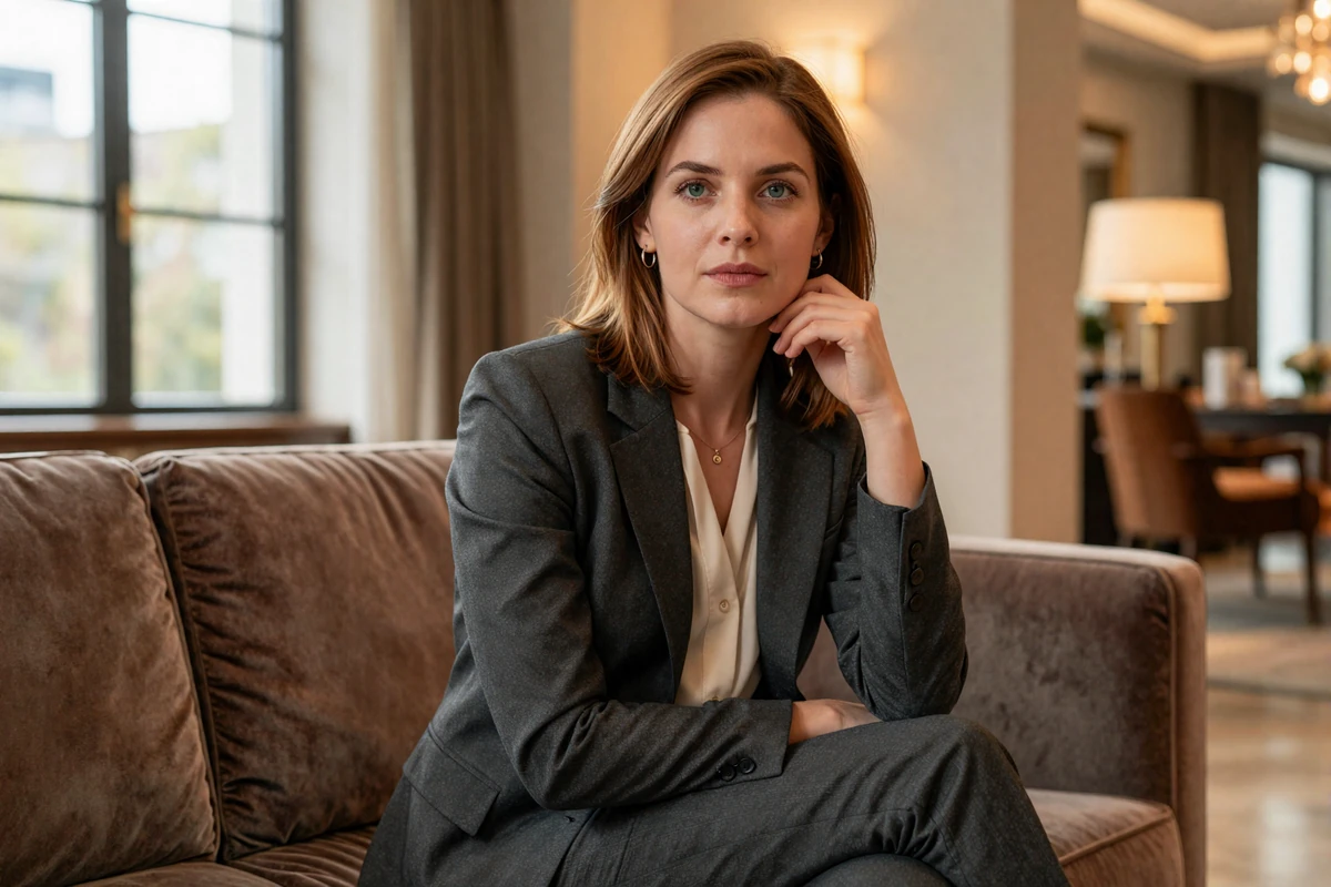 Female oncologist in an elegant blazer sitting thoughtfully in a luxury apartment