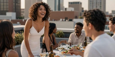 Mixed-ethnicity female nurse laughing at a rooftop dinner