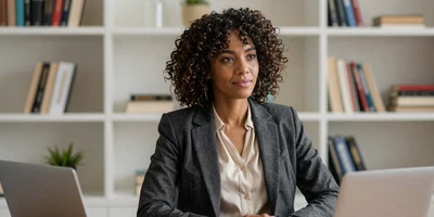 Female psychiatrist in a modern office with a thoughtful expression