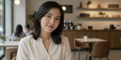 Female dermatologist in an upscale cafe with warm ambient lighting