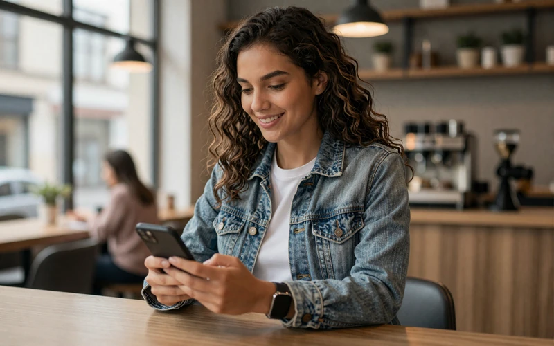 Latina female radiology tech checking her phone at a modern coffee shop
