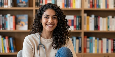 Female pediatrician smiling in a cozy bookstore
