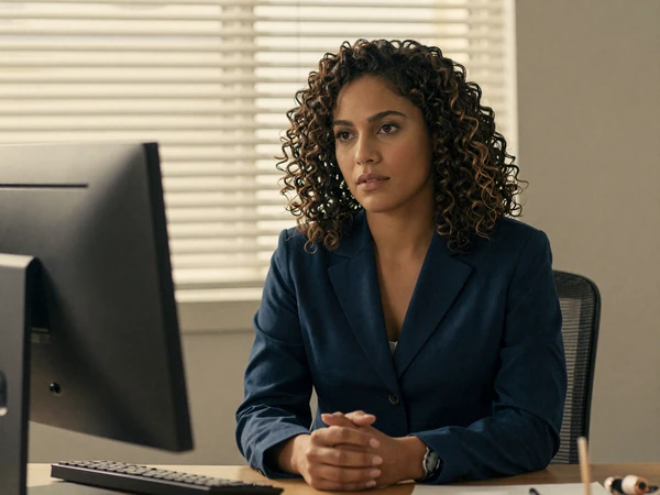 Female oncologist in a navy blazer sitting thoughtfully at her desk in a private clinic office