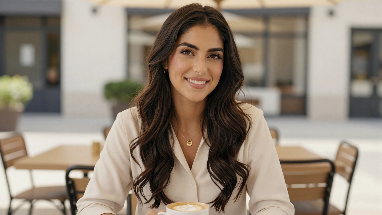 Latina female emergency nurse enjoying a weekend outdoor cafe in smart casual attire