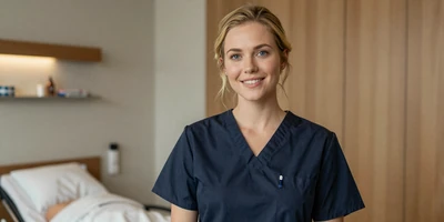 White nurse midwife in a birthing center room