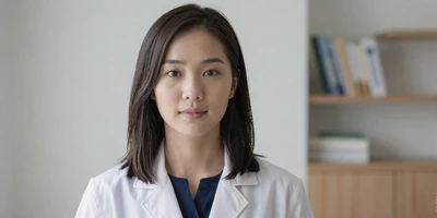 Female orthopedic surgeon in a white coat in a bright clinic room