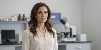 Female nephrologist in a cream blouse standing in a modern hospital lab