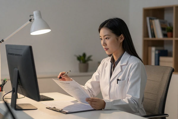 Female doctor reviewing patient charts at her desk late in the evening