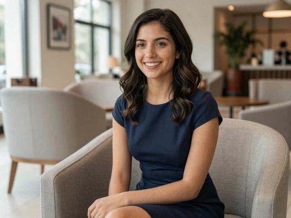 Latina nurse practitioner relaxing in an upscale hotel lobby