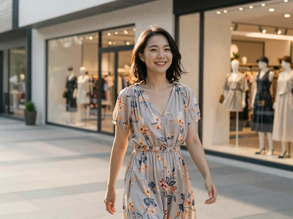 Female dermatologist in a summer dress walking through a boutique shopping district