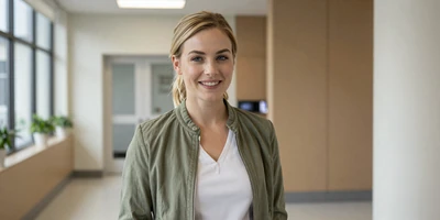 White female emergency nurse in a modern clinic lobby