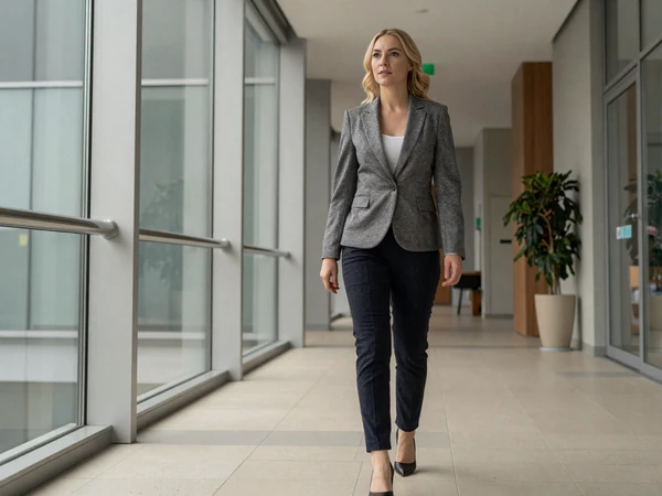 Female radiologist in business casual attire walking through a modern medical building lobby