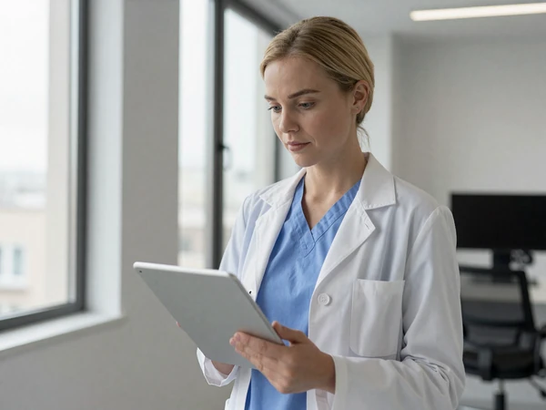 Female orthopedic surgeon in scrubs and lab coat reviewing a tablet in a bright modern office