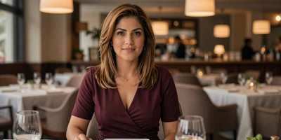 Female internist in a burgundy dress seated in an upscale restaurant