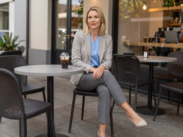 Female dermatologist in business casual attire enjoying iced coffee at an outdoor café
