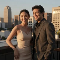 Couple enjoying drinks together at a rooftop bar at sunset