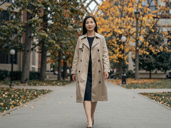 Female psychiatrist in a trench coat walking through a university campus in autumn