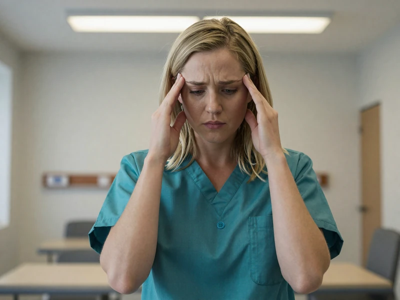 Female doctor in scrubs resting in a hospital break room after a long shift