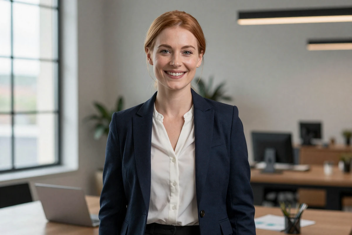 Confident female doctor in a navy blazer standing in a bright modern office