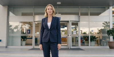 Female doctor standing confidently at a modern hospital entrance in the morning light